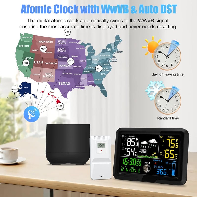 YZDTECH Digital Wireless Rain Gauge Outdoor, Home Weather Station Wireless Indoor Outdoor with Self-Emptying Rain Gauge, Thermometer, Barometer, Hygrometer, Atomic Clock, Weather Forecast and Alerts - Image 3